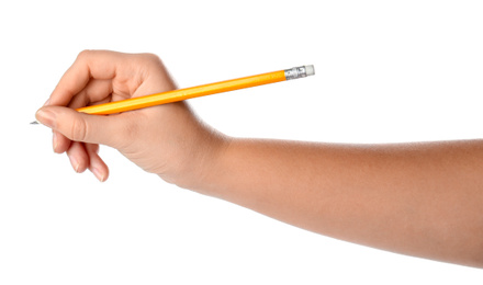 Photo of Woman holding pencil on white background, closeup