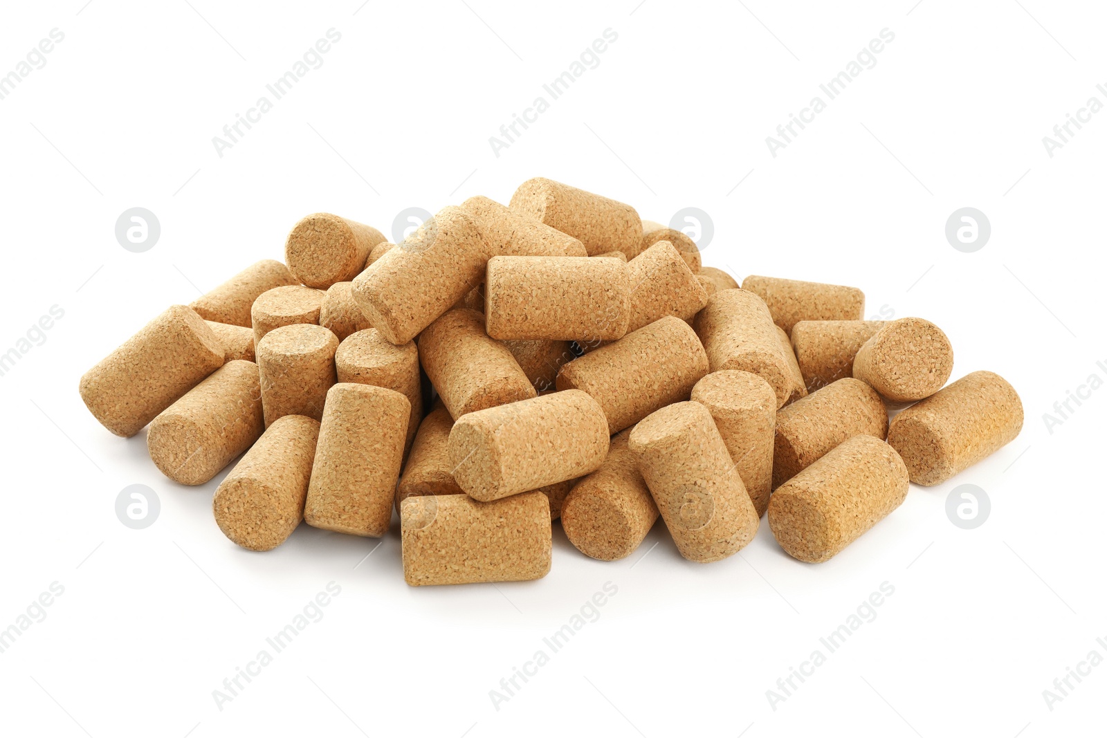 Photo of Heap of wine bottle corks isolated on white