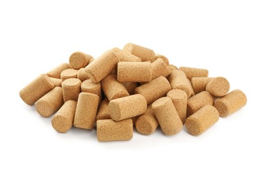 Photo of Heap of wine bottle corks isolated on white