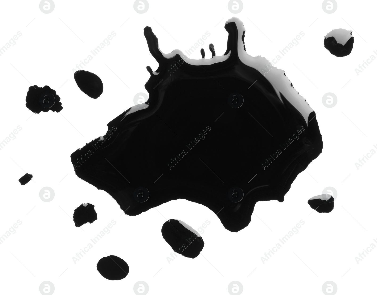 Photo of Blots of black paint on white background, top view