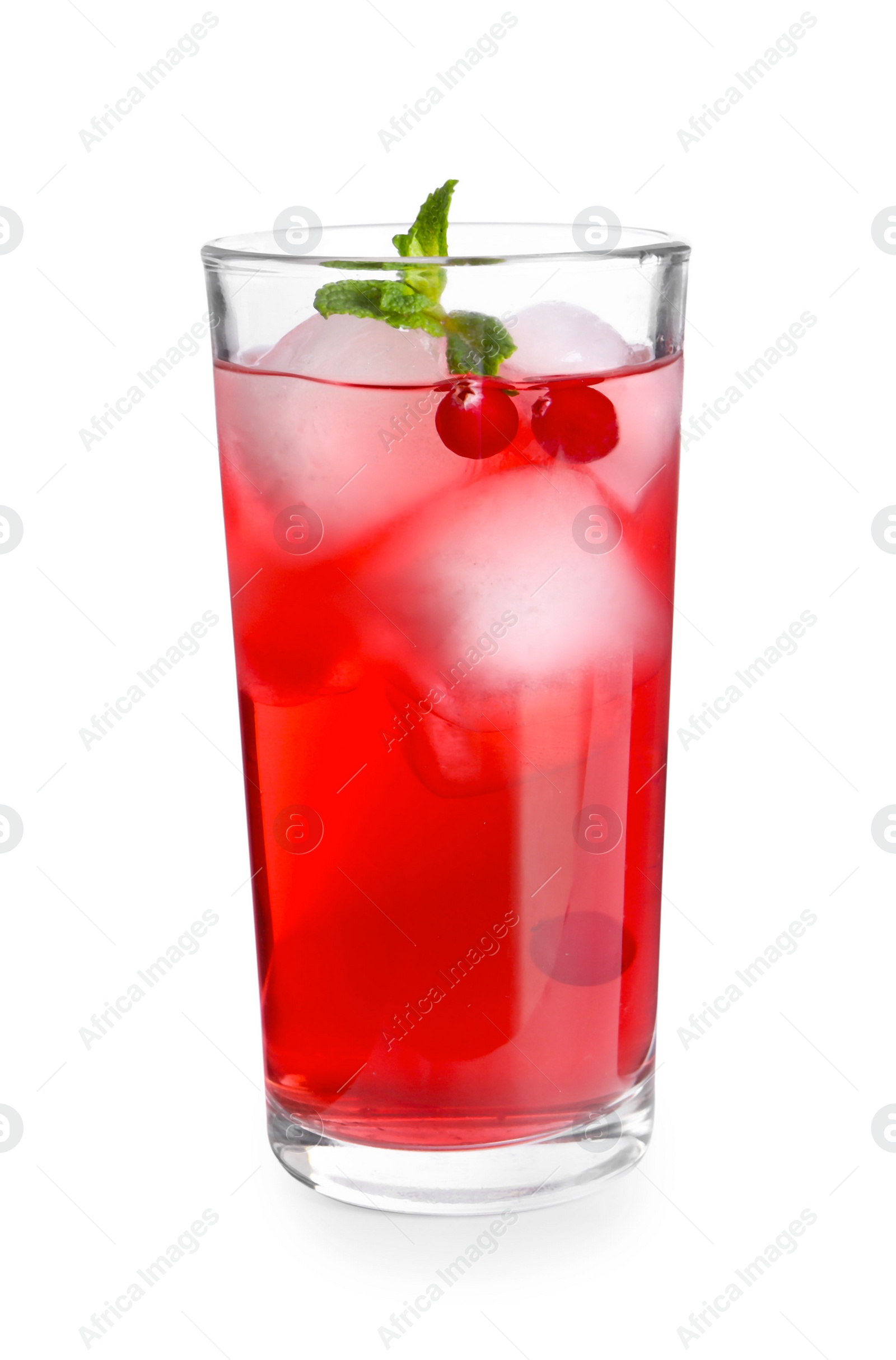 Photo of Tasty cranberry juice with ice cubes and mint in glass isolated on white