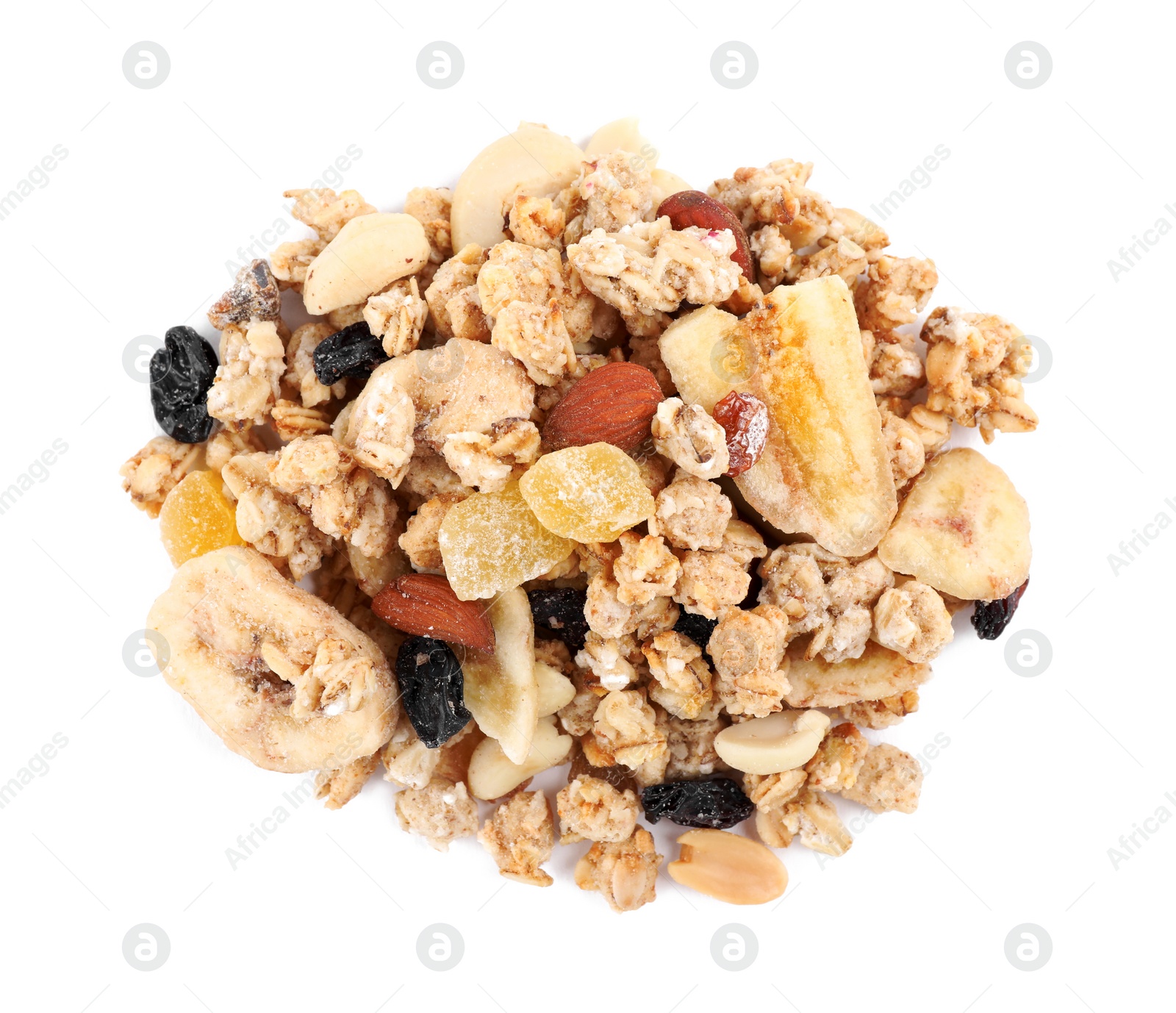 Image of Heap of tasty crispy granola on white background, top view