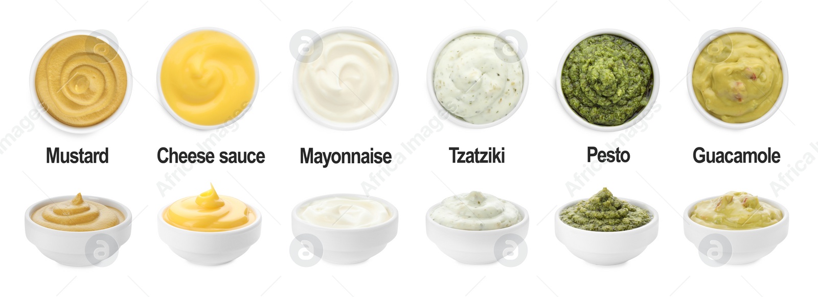 Image of Set of different sauces in bowls and names isolated on white, top and side views