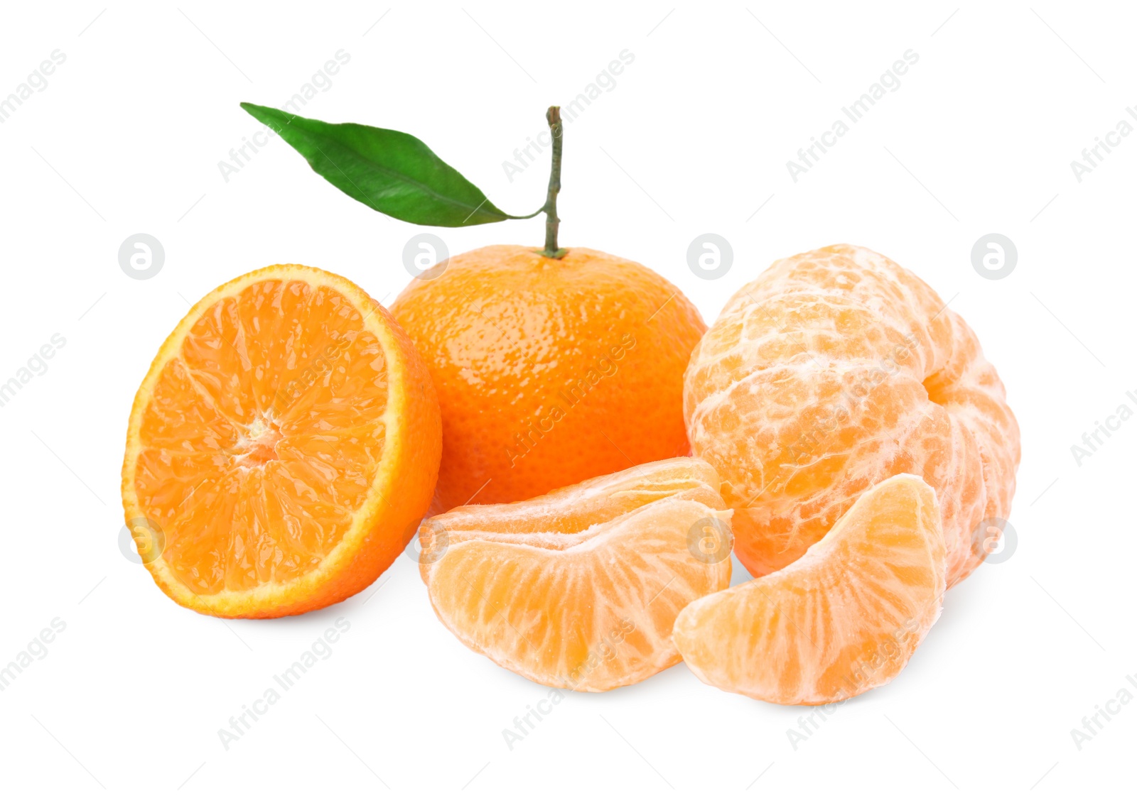 Photo of Fresh ripe juicy tangerines with green leaf on white background