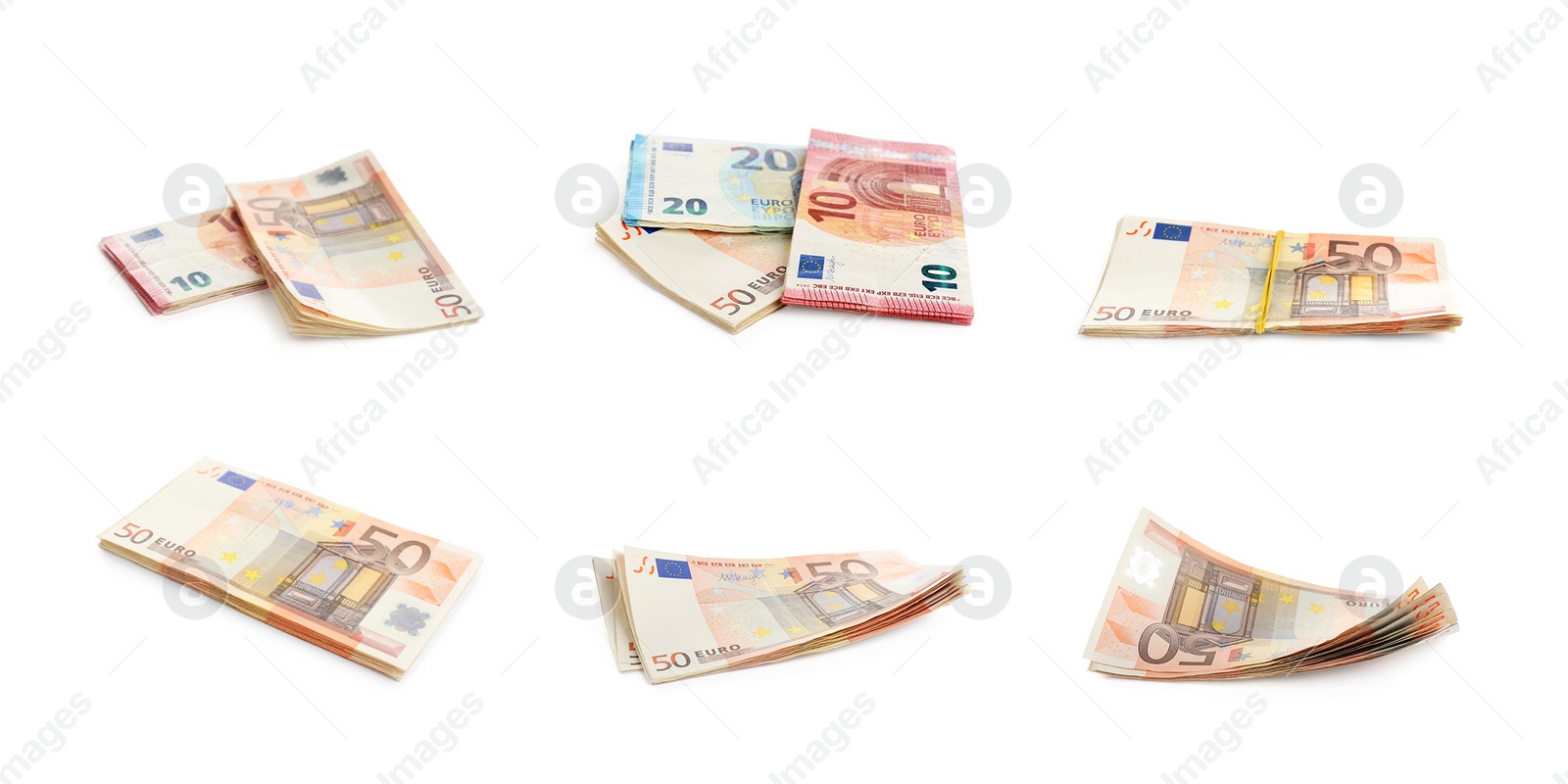 Image of Set of euro banknotes on white background