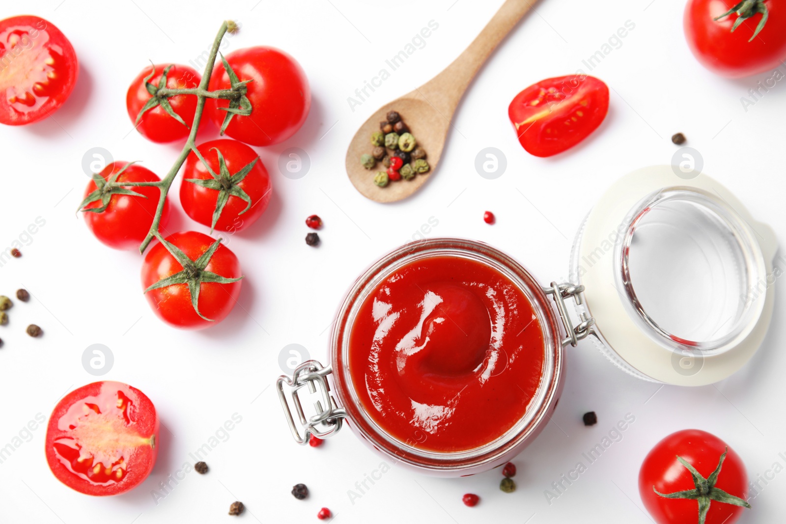 Photo of Composition with tasty homemade tomato sauce on white background, top view