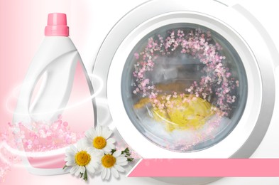 Image of Fabric softener advertising design. Bottle of conditioner, daisy flowers and washing machine on pink background