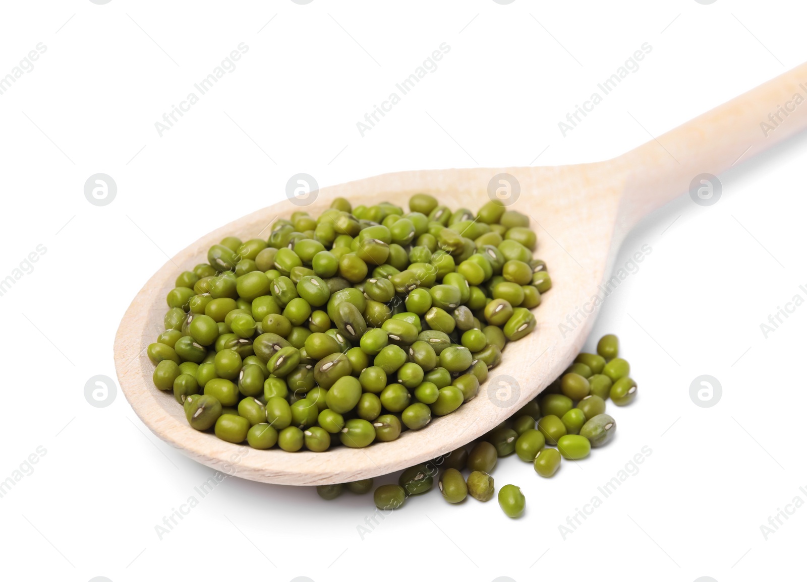 Photo of Raw mung beans with wooden spoon isolated on white