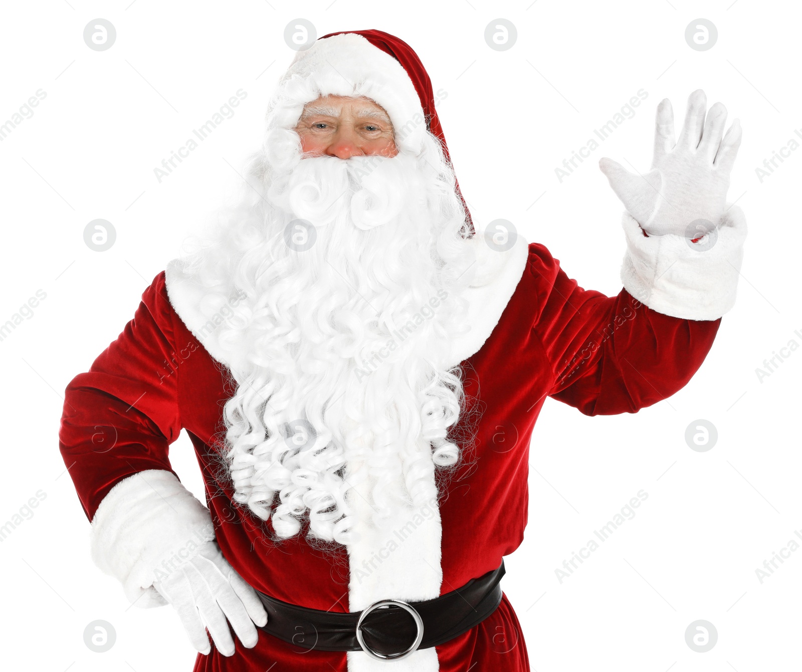 Photo of Happy authentic Santa Claus waving on white background