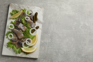 Photo of Sliced salted herring fillet served with lettuce, pickles, onion rings and lemon on grey table, top view. Space for text