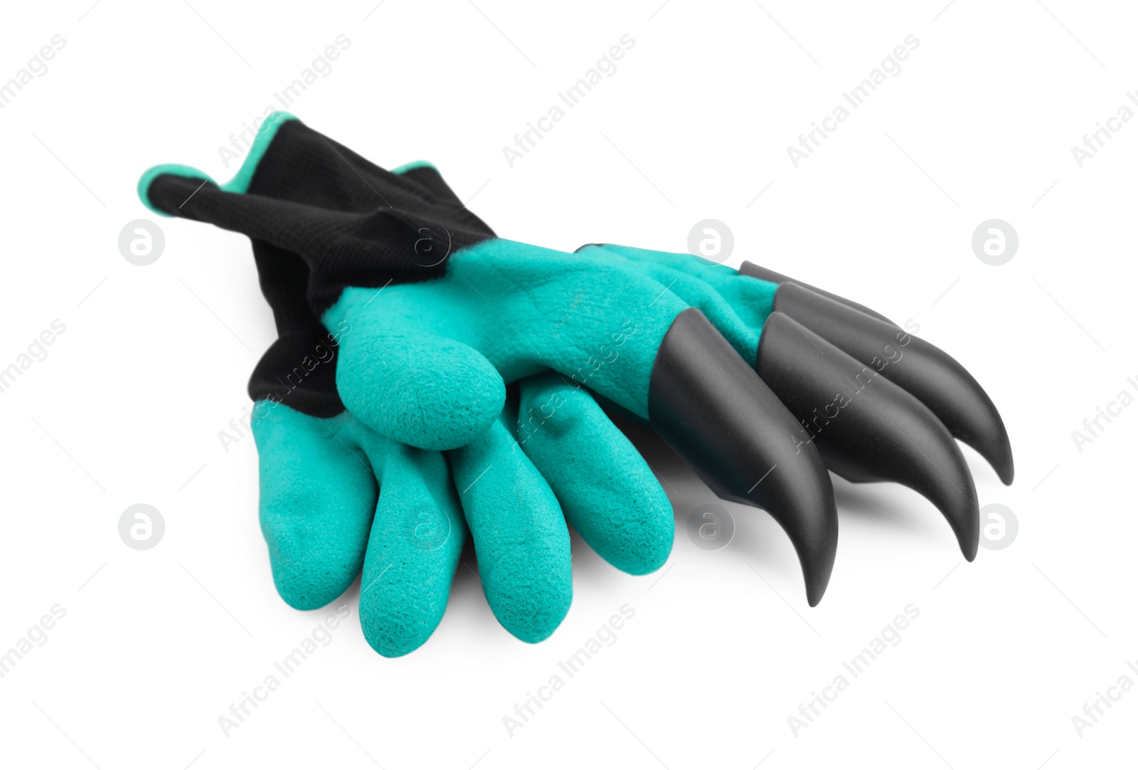 Photo of Pair of claw gardening gloves isolated on white