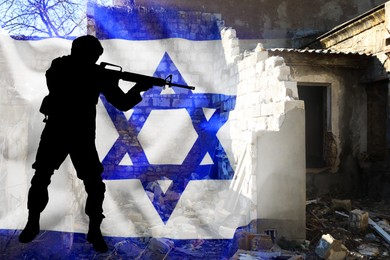 Image of Silhouette of military, flag of Israel and ruined house, double exposure