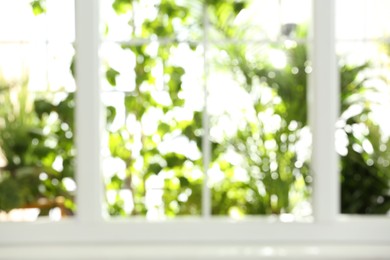 Blurred view through window on garden in morning