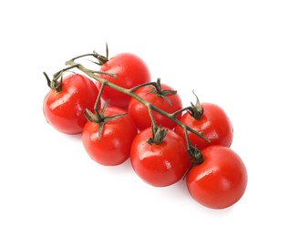 Photo of Branch of red roasted cherry tomatoes isolated on white