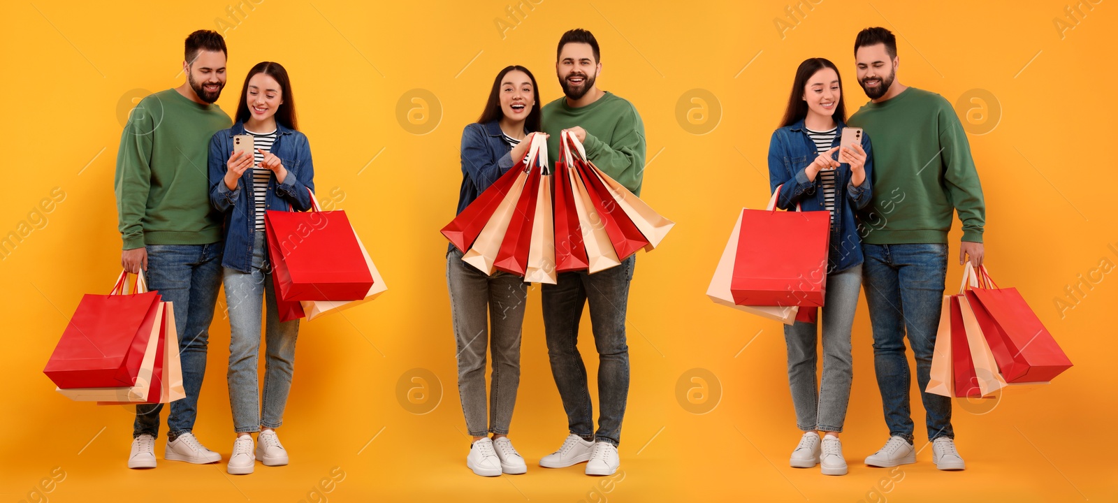 Image of Happy couple with shopping bags on orange background, set with photos