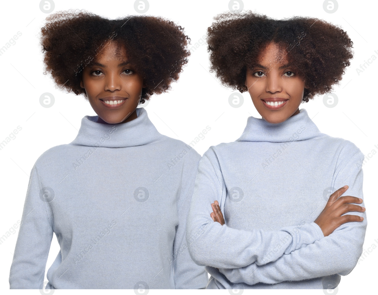 Image of Portrait of twin sisters on white background