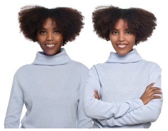 Image of Portrait of twin sisters on white background