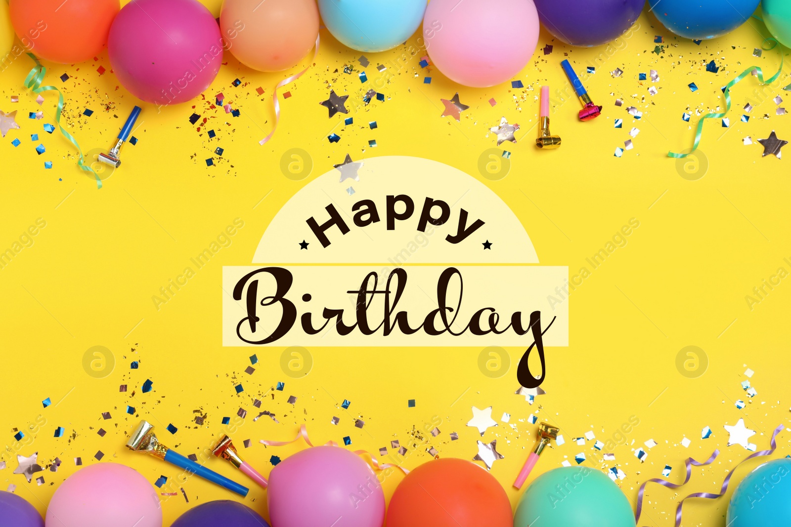 Image of Happy Birthday! Flat lay composition with balloons and party decor on yellow background 