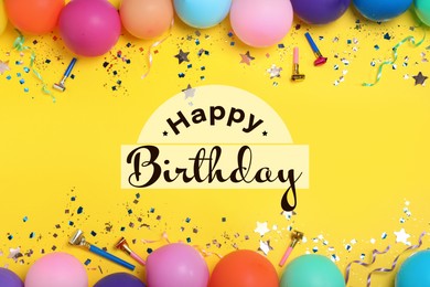 Happy Birthday! Flat lay composition with balloons and party decor on yellow background 