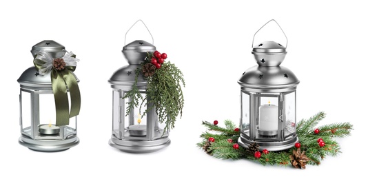 Image of Set with beautiful decorative Christmas lanterns on white background, banner design