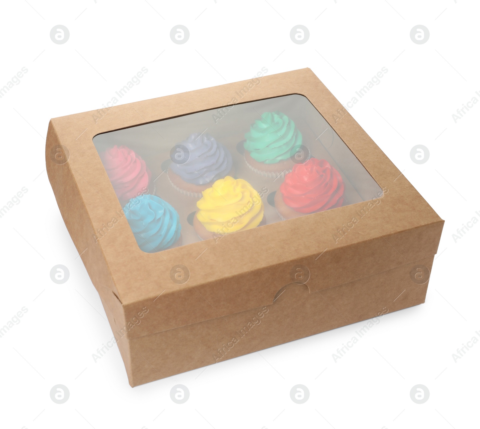 Photo of Box with delicious colorful cupcakes isolated on white