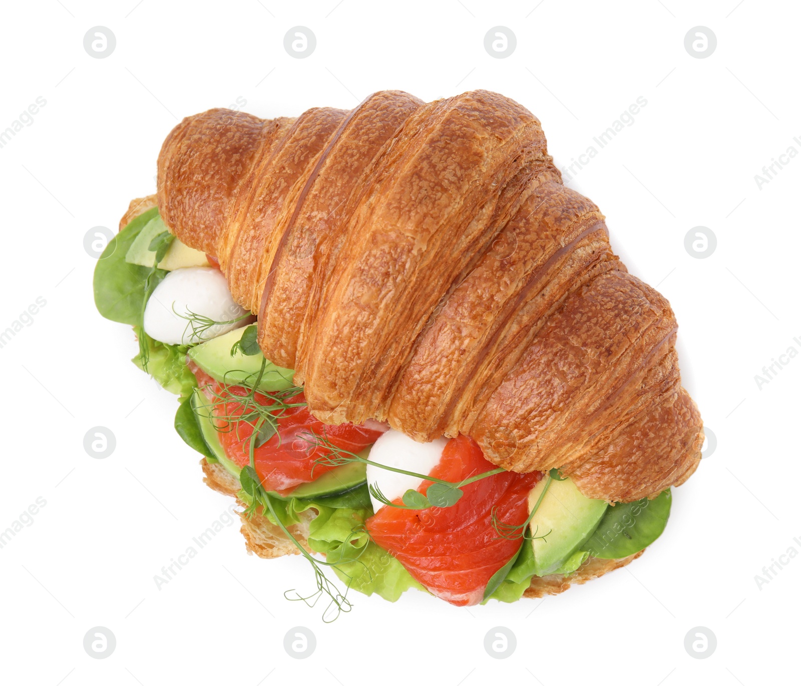 Photo of Tasty croissant with salmon, avocado, mozzarella and lettuce isolated on white, top view