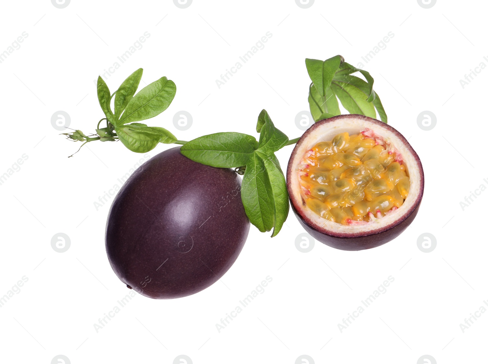 Photo of Passion fruit with leaves on white background. Passiflora plant