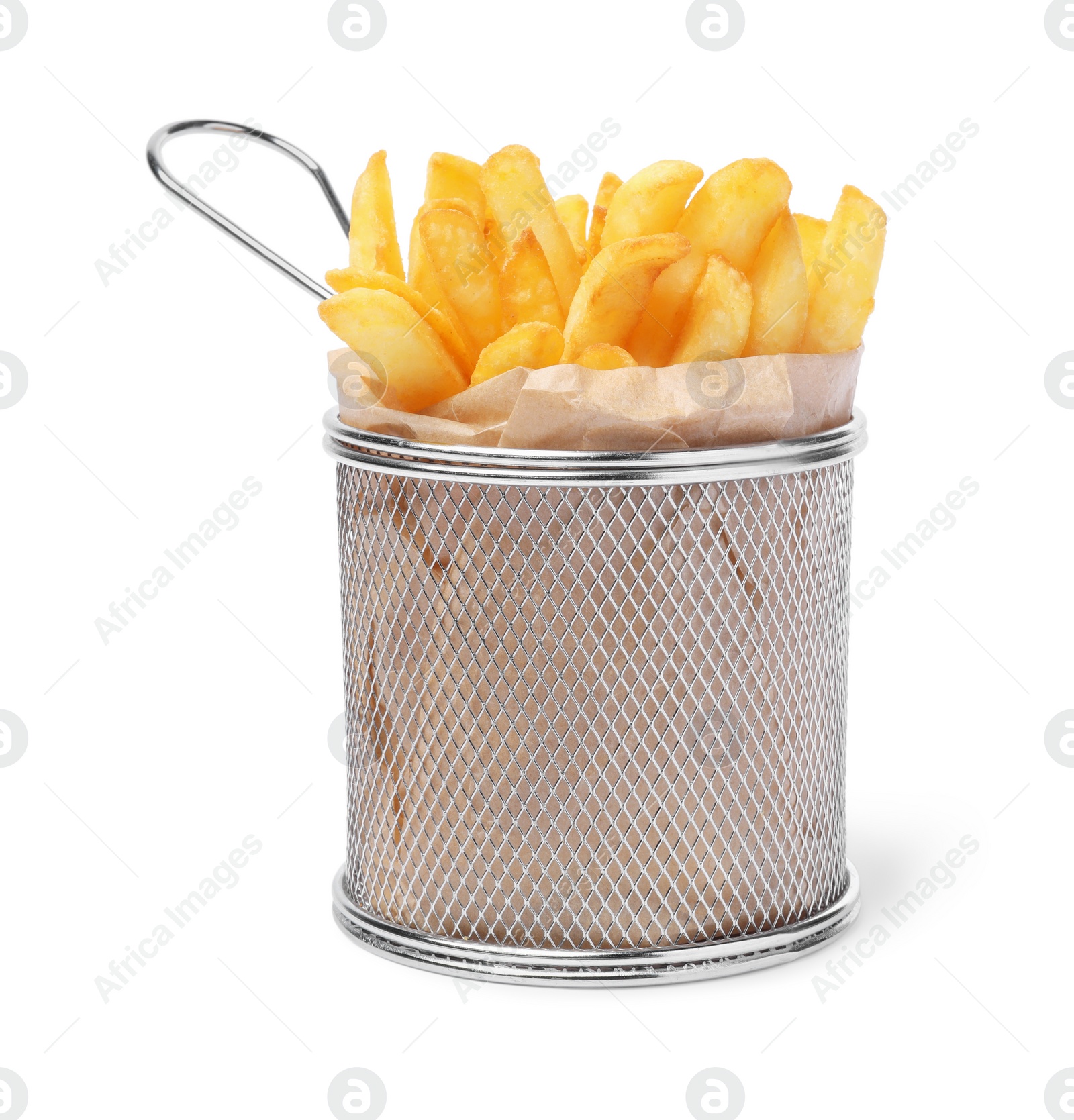 Photo of Tasty French fries in metal basket isolated on white