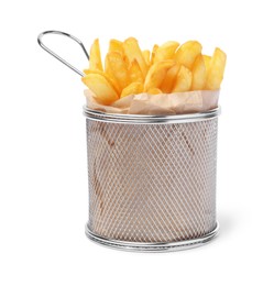 Tasty French fries in metal basket isolated on white