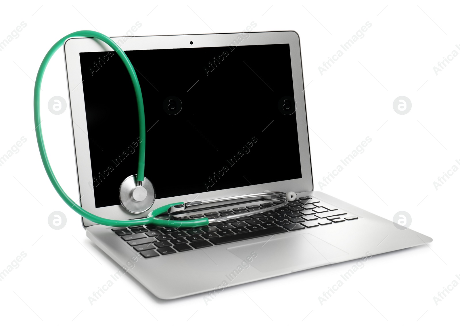 Photo of Modern laptop with stethoscope on white background. Mockup for design