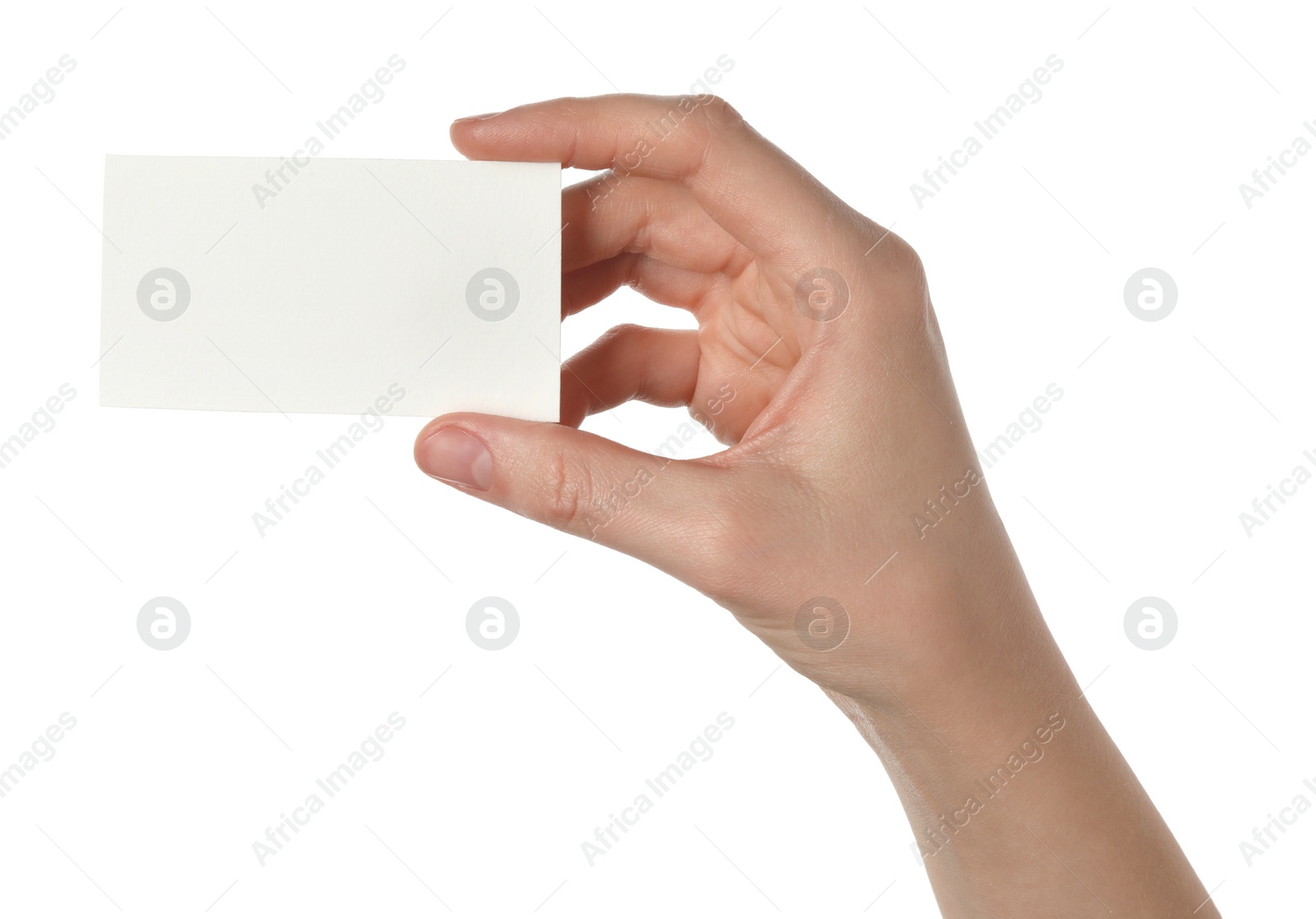 Photo of Woman holding blank business card on white background, closeup. Mockup for design