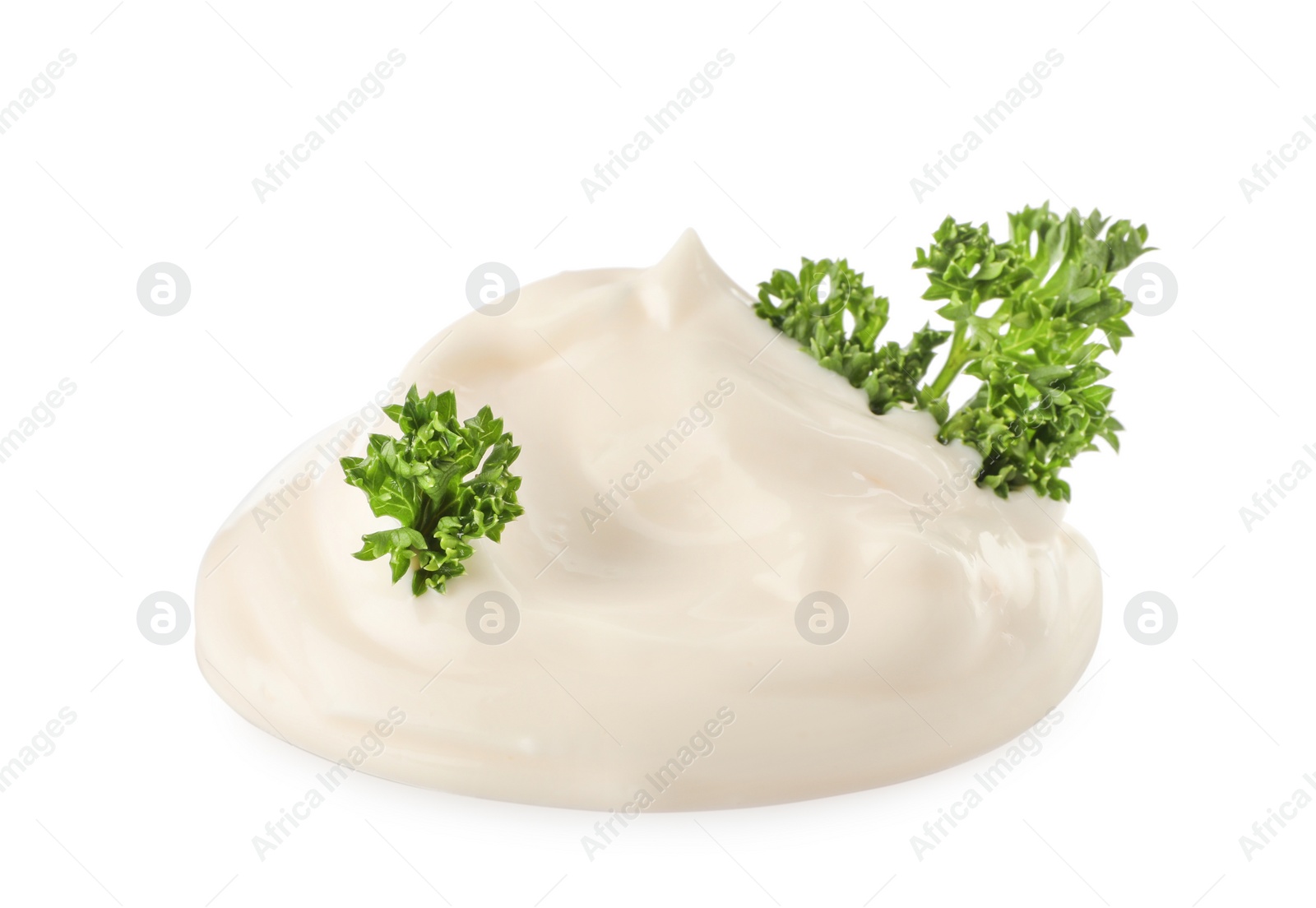 Photo of Tasty mayonnaise with parsley isolated on white