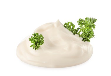 Photo of Tasty mayonnaise with parsley isolated on white