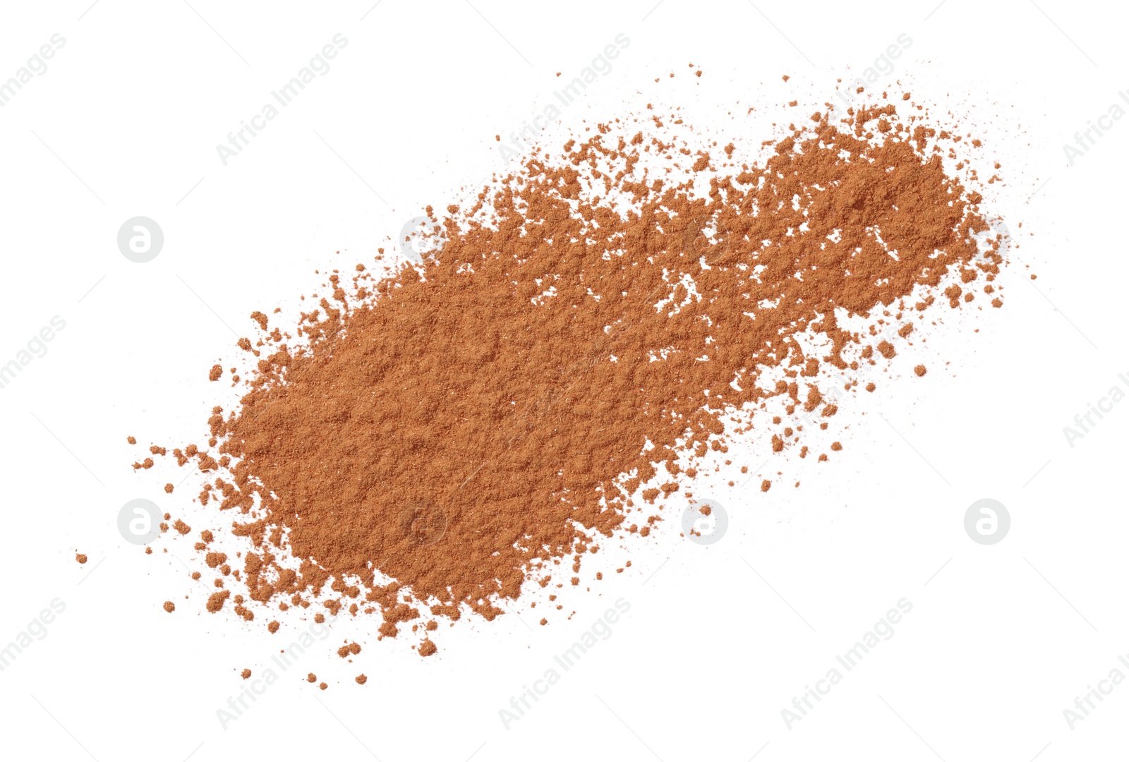 Photo of Dry aromatic cinnamon powder isolated on white, top view