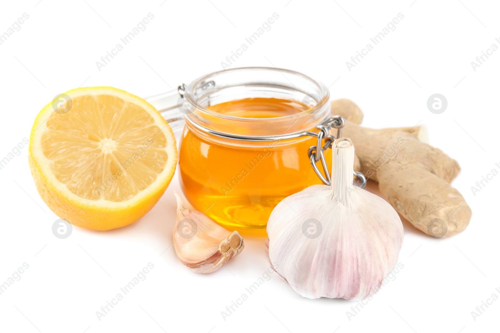 Photo of Composition with garlic and other cold remedies on white background