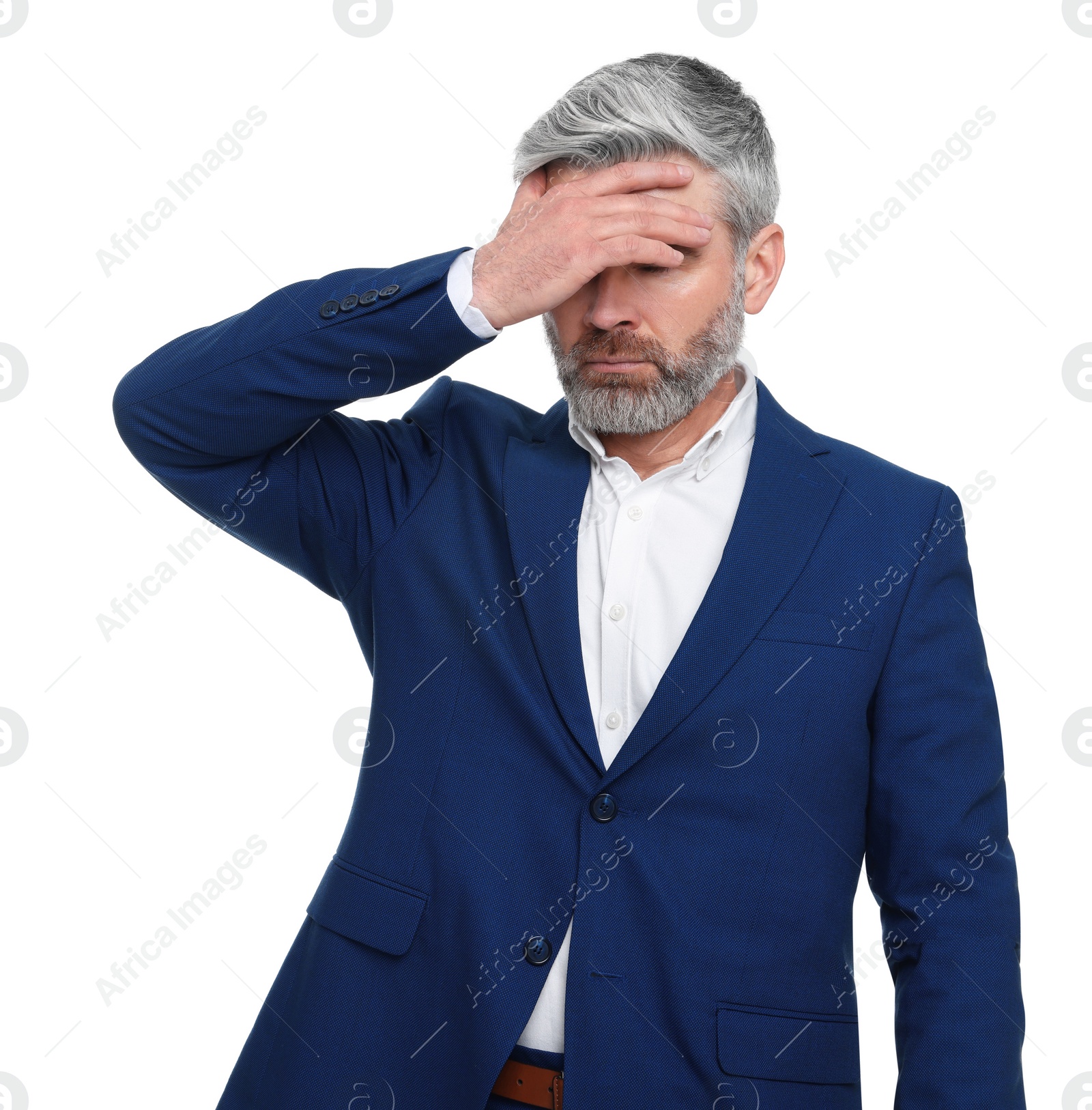 Photo of Mature businessman in stylish clothes posing on white background