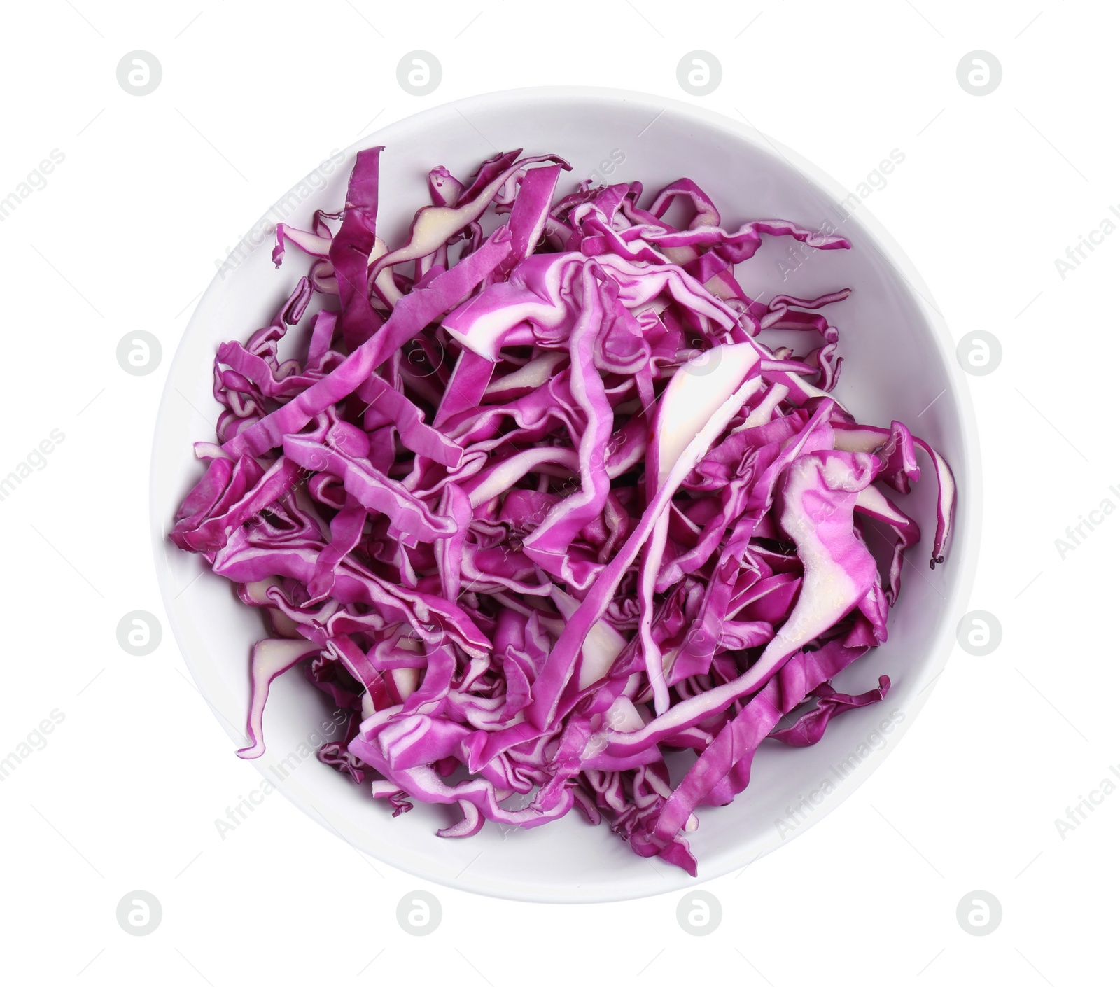 Photo of Bowl with shredded fresh red cabbage isolated on white, top view