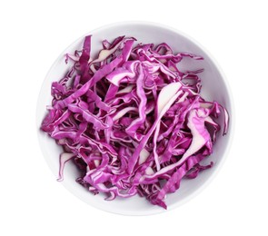 Bowl with shredded fresh red cabbage isolated on white, top view