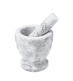 Photo of Marble mortar with pestle isolated on white. Cooking utensils