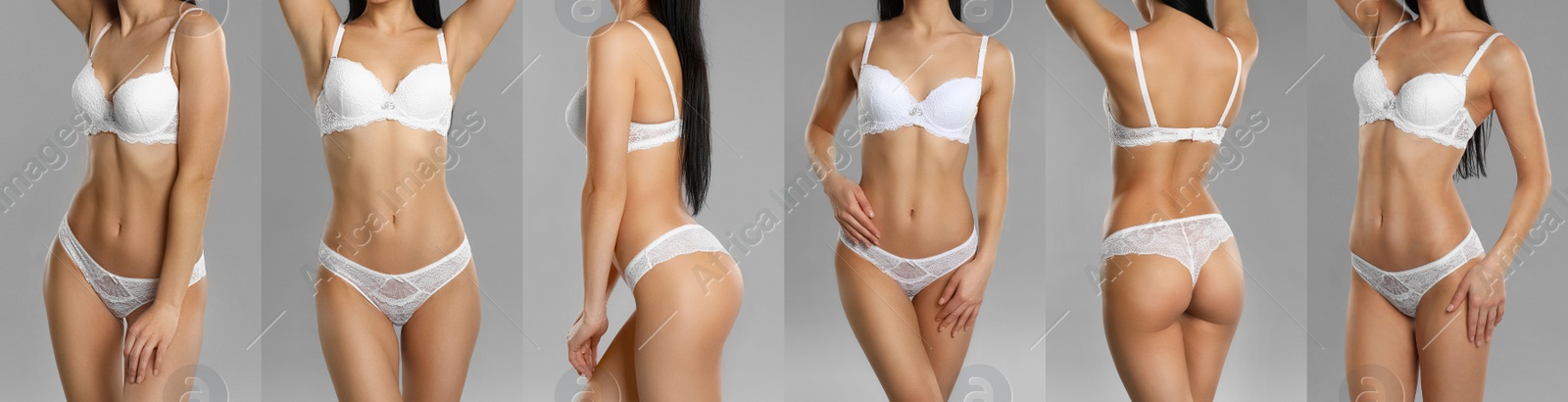 Image of Collage of young woman in white underwear on grey background, closeup Banner design 