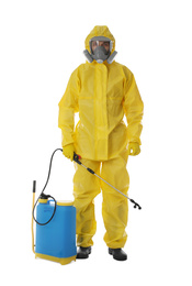 Photo of Man wearing protective suit with insecticide sprayer on white background. Pest control