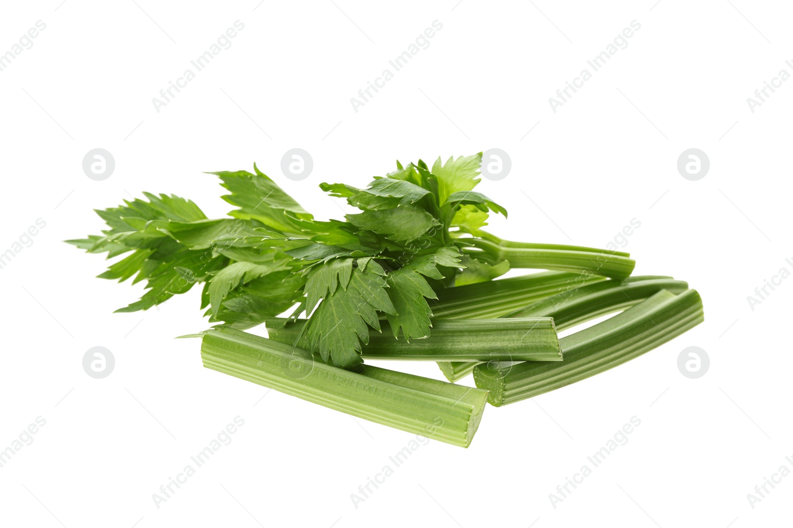 Photo of Fresh green celery sticks and leaves isolated on white