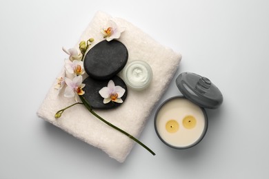 Photo of Flat lay composition with different spa products on white background