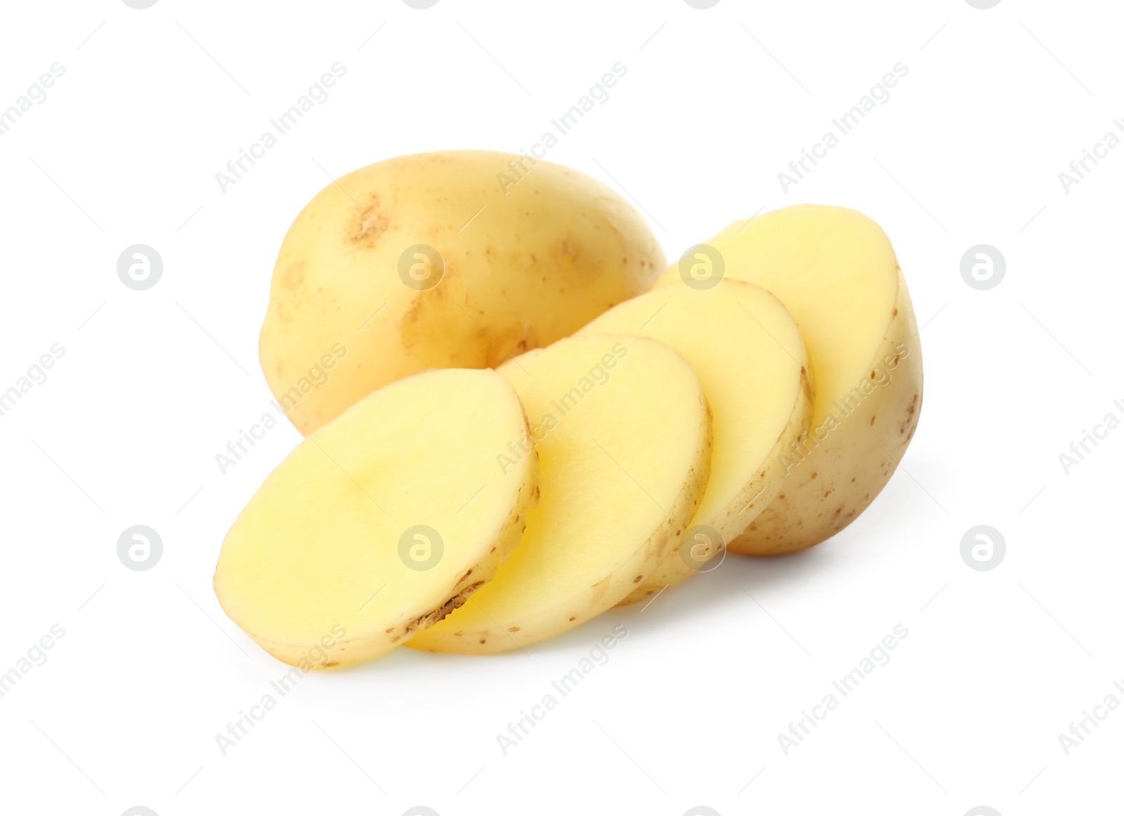 Photo of Whole and cut fresh raw organic potatoes on white background