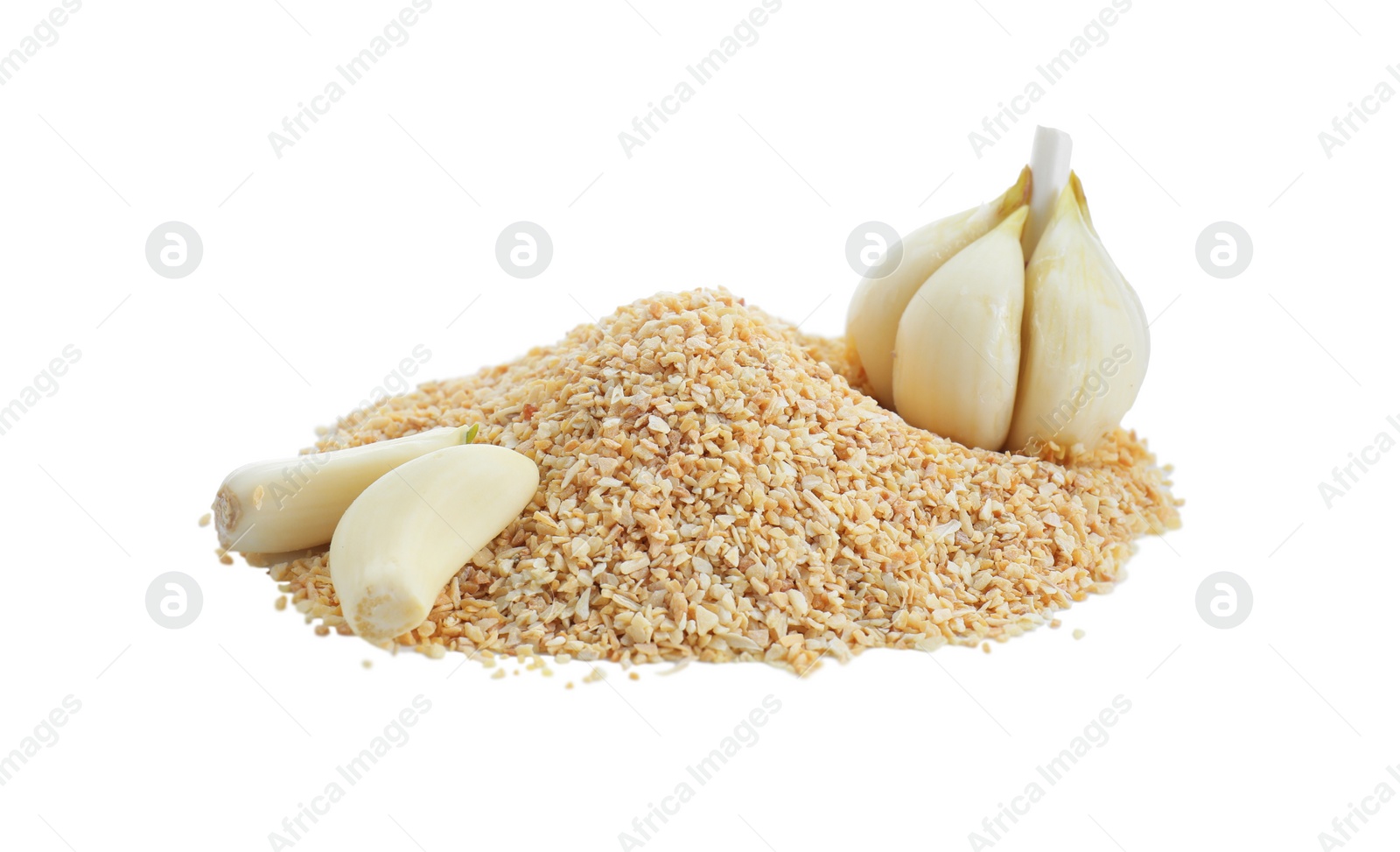 Photo of Heap of dehydrated garlic granules and peeled cloves isolated on white