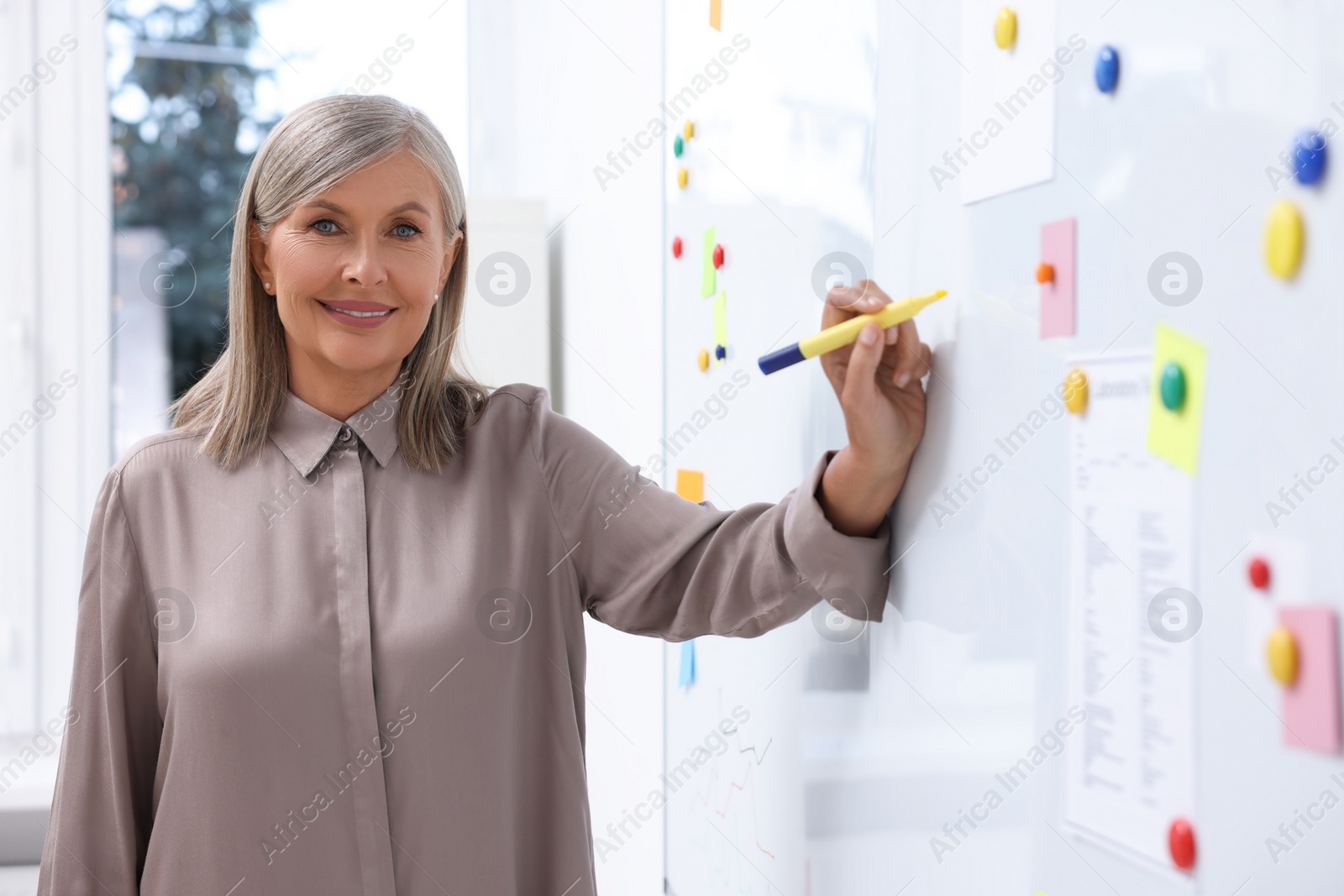 Photo of Professor explaining something with marker at whiteboard in classroom