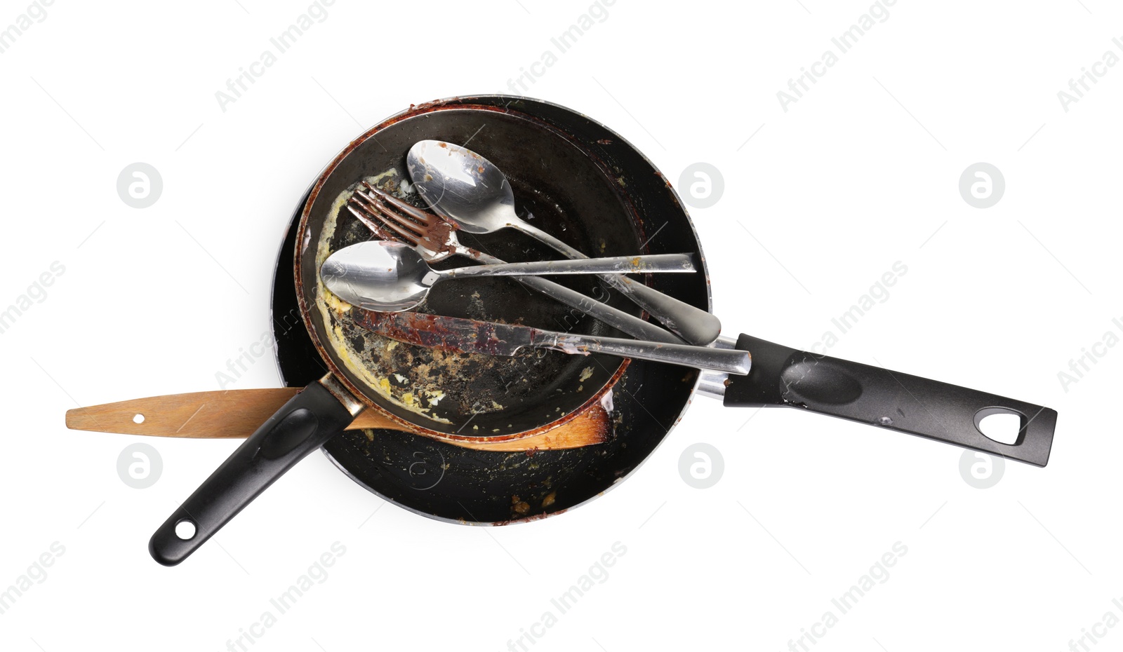 Photo of Many different dirty dishes on white background, top view