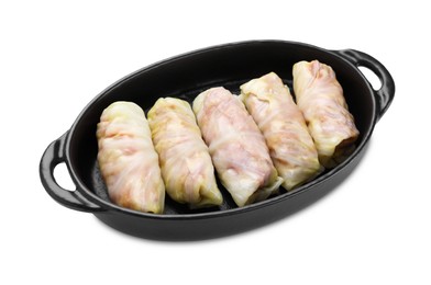 Photo of Uncooked stuffed cabbage rolls isolated on white