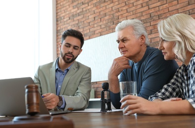 Male notary working with mature couple in office