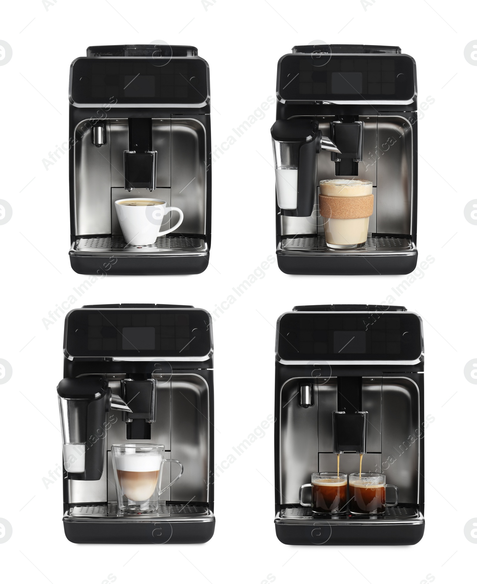 Image of Set with modern electric coffee machines on white background